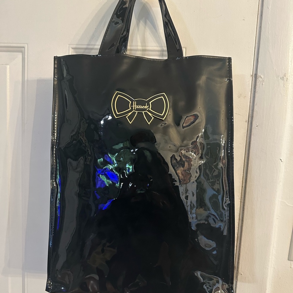 Harrods Black Patent Leather Tote with Gold Bow